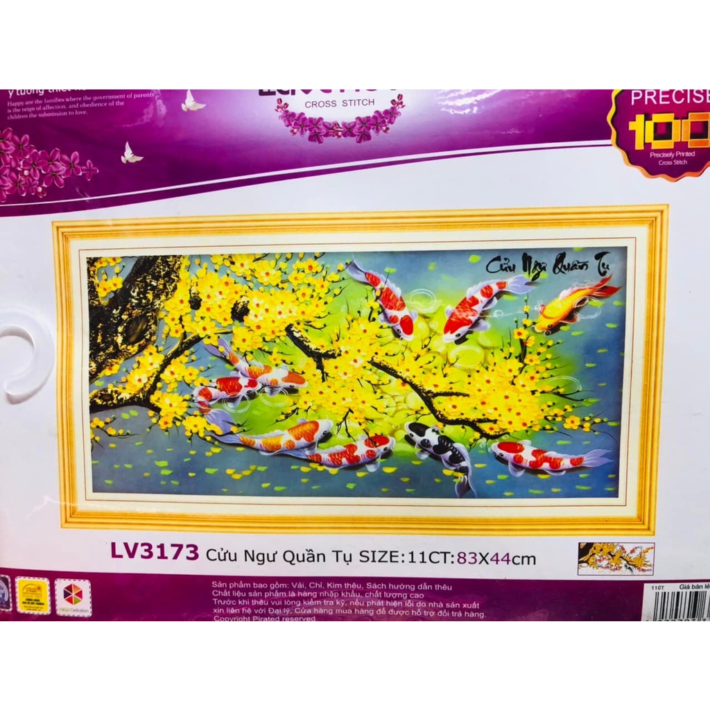 Tranh thêu cá cửu ngư quần hội KT:83x44cm,tranh chưa thêu.Tặng kéo và xỏ chỉ.