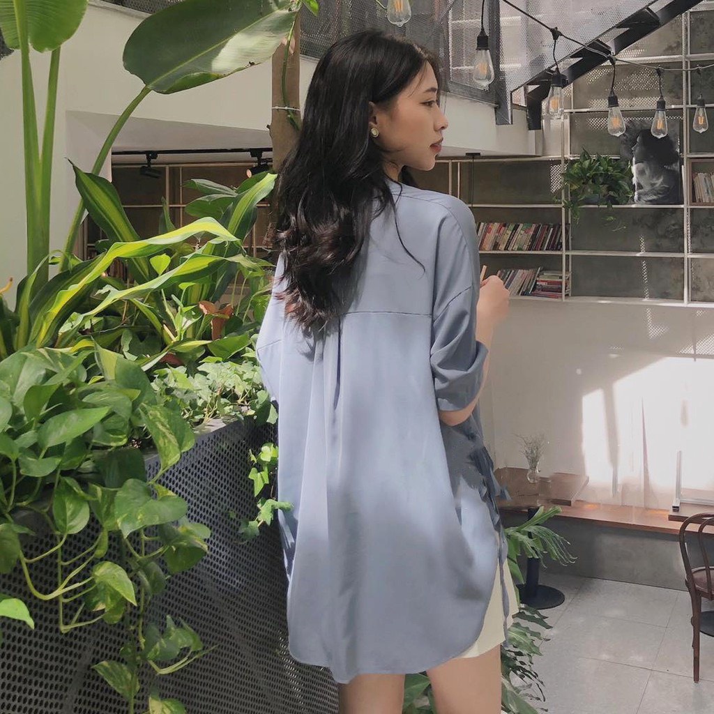 Áo Sơ Mi Lụa Nữ Các Màu Thắt Nơ Dáng Rộng Tay Lỡ Oversize Trơn Somi Freesize Nâu Xanh Trắng Ulzzang Buộc Dây