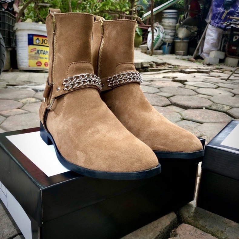 Giày thời trang nam phong cách Harness Boots màu nâu chất liệu da lộn độn 3.5cm | BigBuy360 - bigbuy360.vn