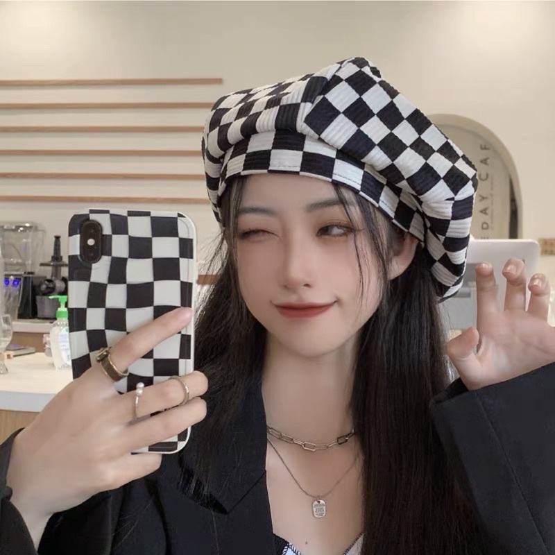 Mũ Nồi Mây Hoạ Tiết Hoa Văn Sọc Vuông Mũ Beret Caro Kiểu Pháp Trendy