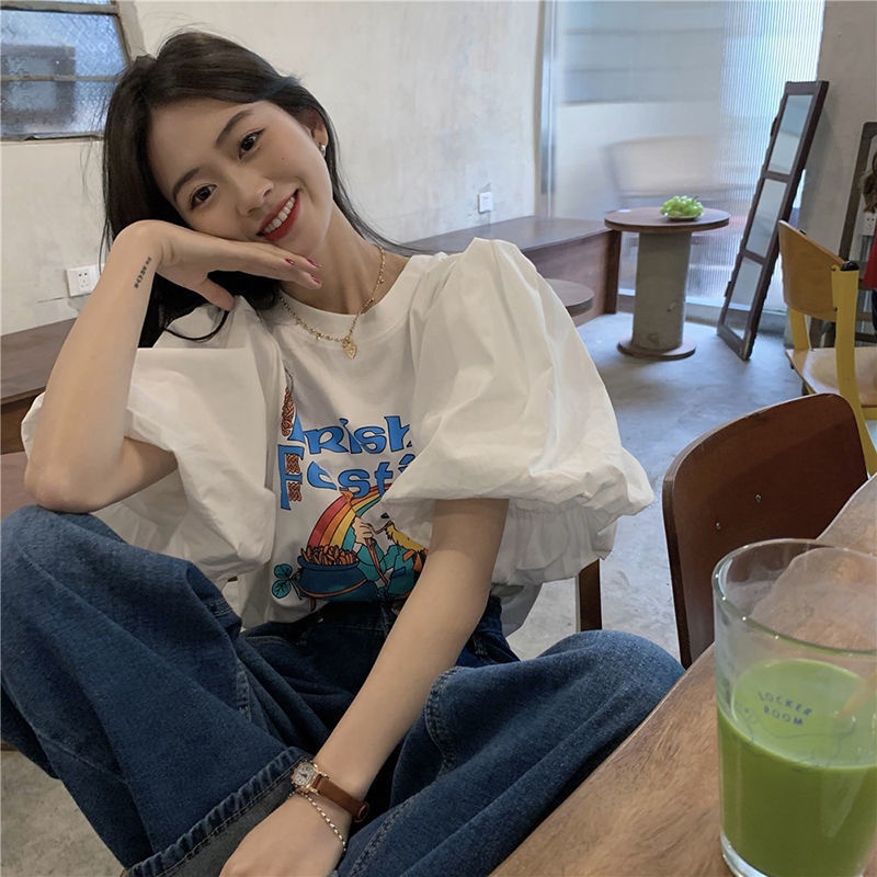 Áo Thun Nữ Tay Ngắn Dáng Rộng in Họa Tiết Hoạt Hình Phong Cách Hàn Quốc
