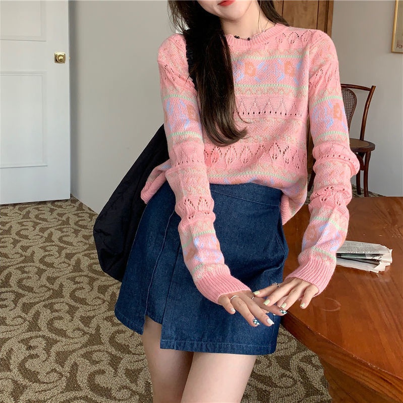 Áo Sweater Tay Dài Cổ Tròn Thiết Kế Đục Lỗ Thời Trang Mùa Thu Hàn Quốc Mới 2021