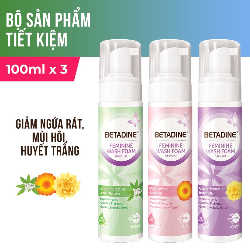 [GIẢM 30K - NHẬP MUNDI30C - CHO ĐƠN TỪ 299K] Bộ 3 chai Bọt vệ sinh phụ nữ Betadine Tím, Hồng và Xanh - 100ml/chai