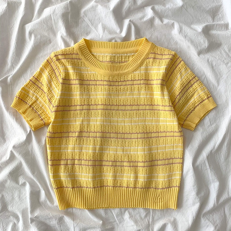 LALISAS Áo Dệt Kim Ngắn Tay Dáng Rộng Kẻ Sọc Dễ Phối Đồ Thời Trang Hàn Quốc Cho Nữ