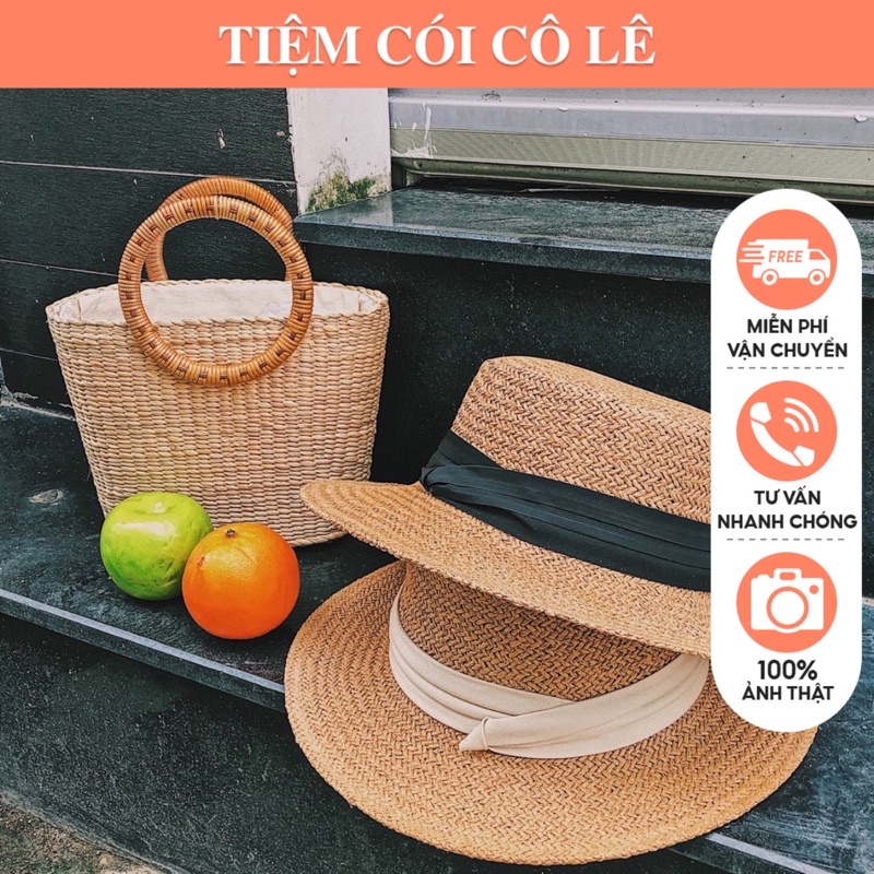 Túi lục bình mắt na đính nơ ruy băng màu kem - Tiệm Cói Cô Lê