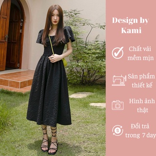Váy xốp dáng dài cổ bèo bo chun eo Cila màu xanh, đen, trắng size S M L XL Design by Kami