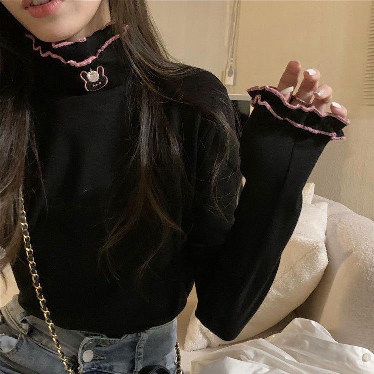 Áo Thun Tay Dài Cổ Cao Lót Lông Thêu Hình Thỏ Dễ Thương Thời Trang Thu Đông Cho Nữ