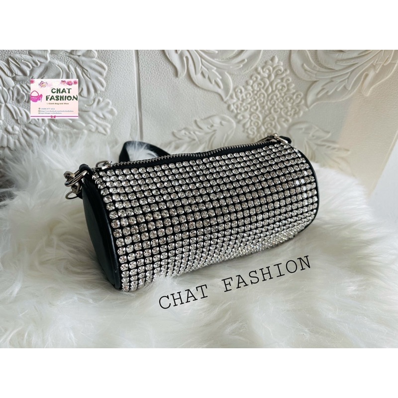 Túi cầm tay dự tiệc wang bling bling dáng trụ nằm ngang đính đá siêu cá tính