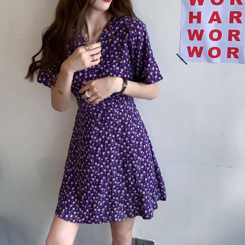 Đầm Chữ A Cổ Chữ V In Họa Tiết Hoa Phong Cách retro Dành Cho Nữ