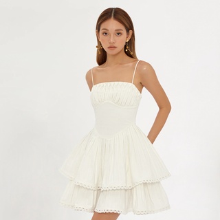 DEAR JOSÉ - Đầm ngắn hai dây xếp ly Lilo vải linen trắng