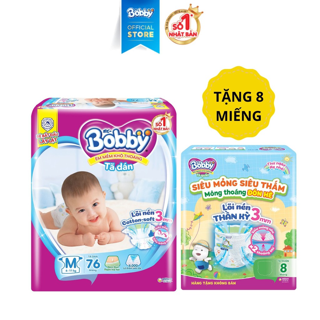 Tã dán Bobby Siêu thấm lõi nén Cotton soft 3mm M76 - Tặng 1 gói tã quần 8 miếng phiên bản mùa hè