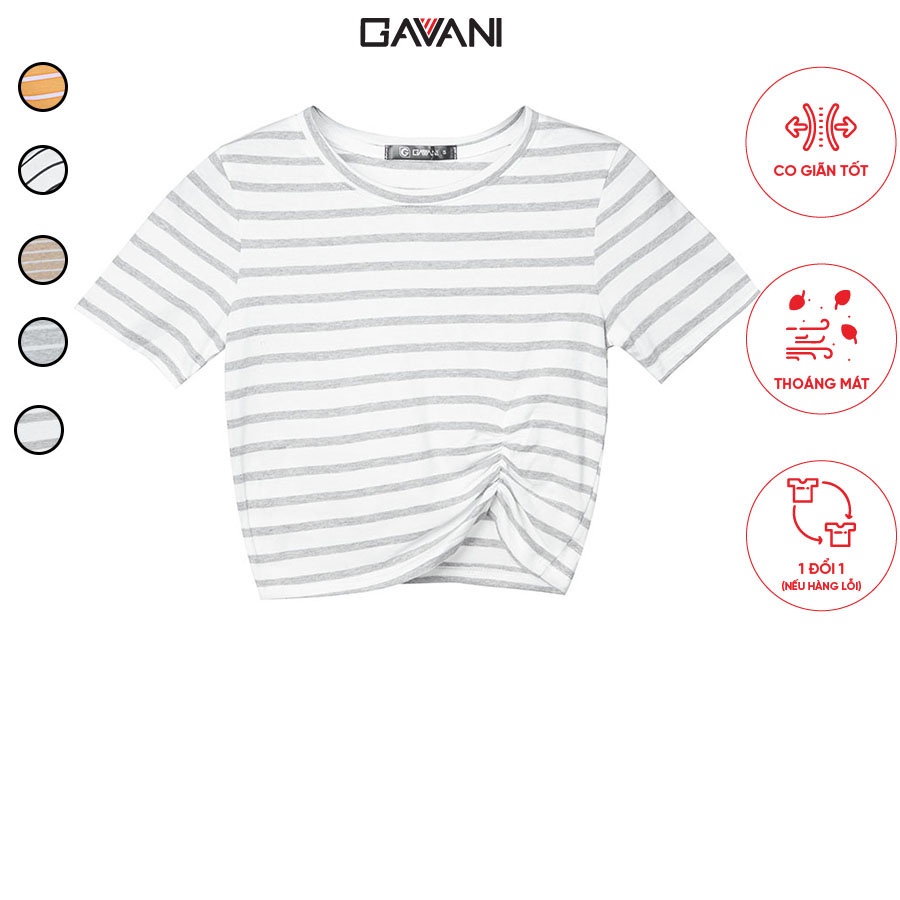 Áo thun nữ croptop cổ tròn ôm, tay ngắn và nhún thun lai áo_Gavani_STRIPE COLOUR 3