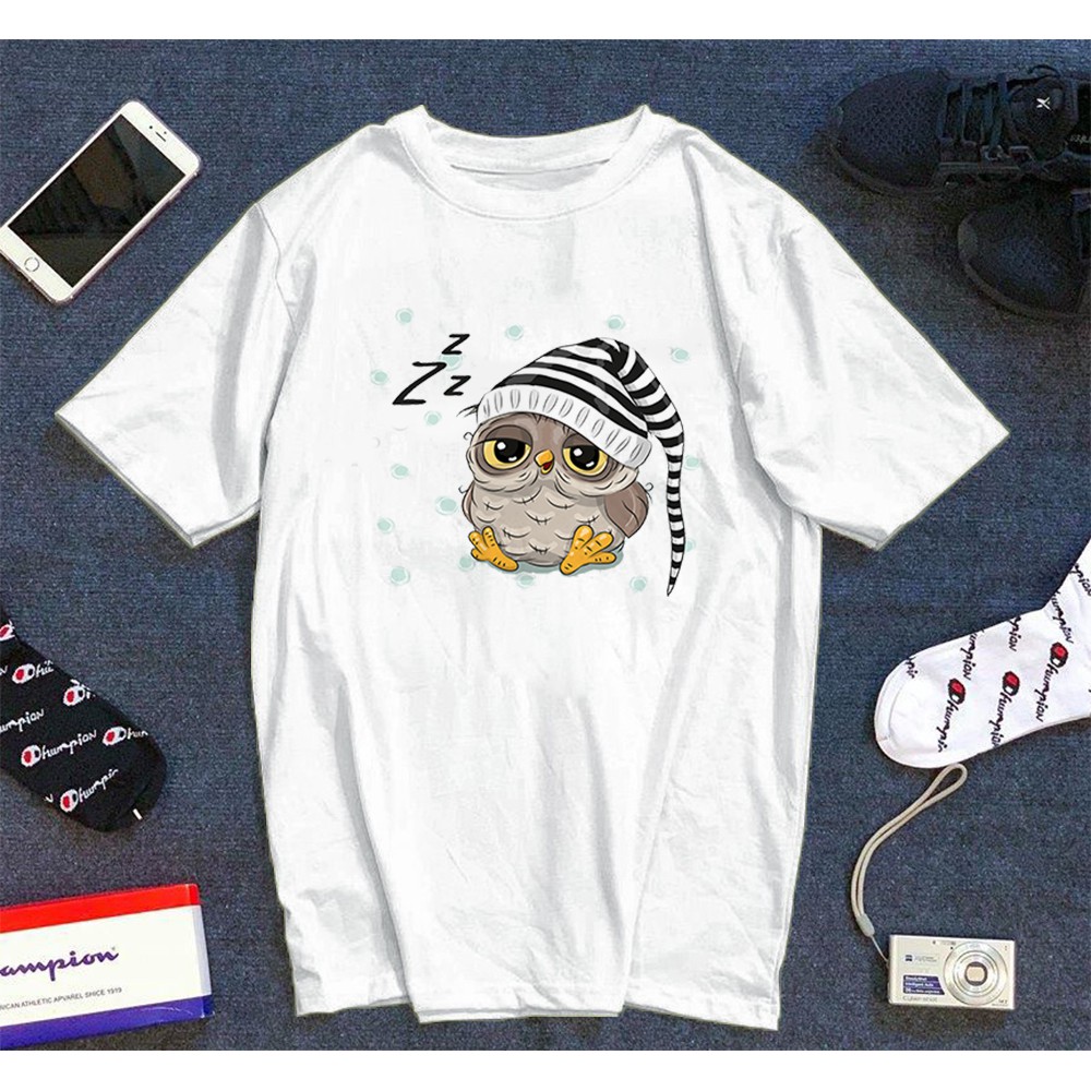 Áo thun Cotton Unisex - Owl Art - Chim cú mèo - Cú con buồn ngủ