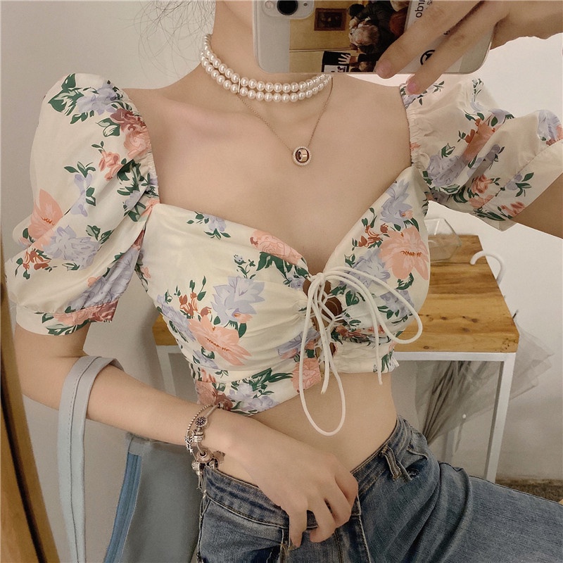 Mới Áo Croptop Tay Ngắn Họa Tiết Hoa Gợi Cảm Cho Nữ