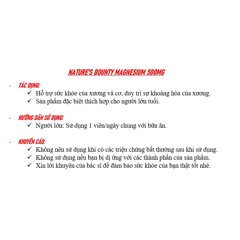 [DATE 06/2024] NATURE’S BOUNTY MAGNESIUM 500MG 200 VIÊN