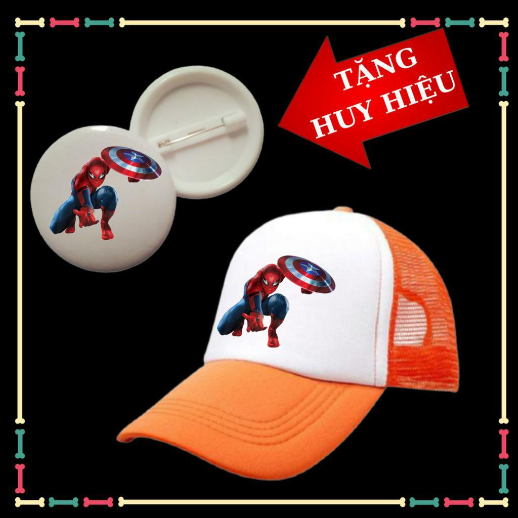 Mũ lưỡi trai trẻ em in hình siêu nhân Spiderman siêu ngầu-Tặng kèm huy hiệu Marvel