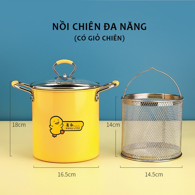 Nồi Chiên Ngập Dầu Mini Vịt Vàng Kèm Rổ Inox Cao Cấp (Nồi Cao 18cm)