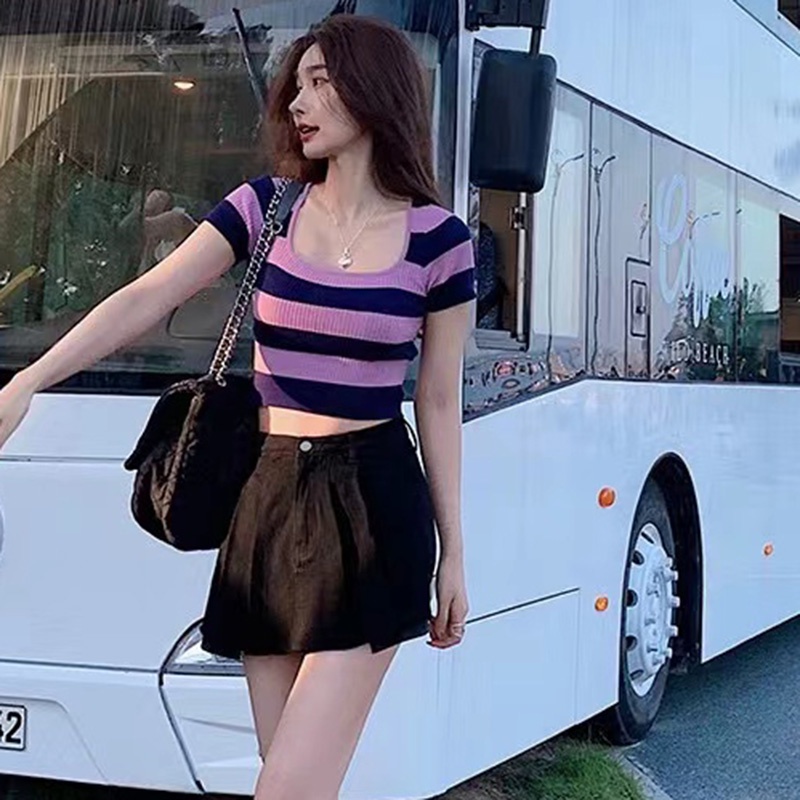 IELGY Áo thun dệt kim ngắn tay IELGY họa tiết kẻ sọc thời trang mùa hè cho nữ