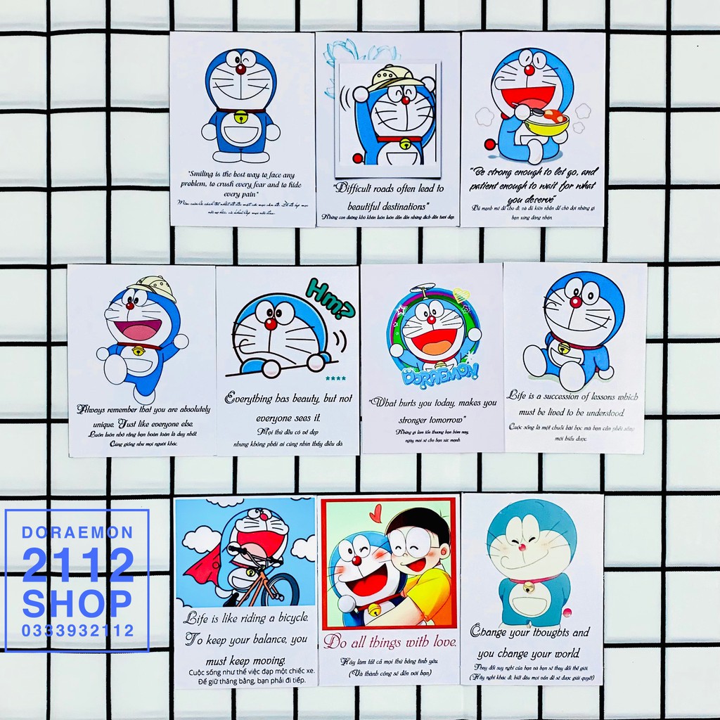 1 Tấm bìa ảnh Doraemon trang trí tường, decor, chụp ảnh kích thước 9x12cm Flashcard trích dẫn ýnghĩa song ngữ Anh - Việt
