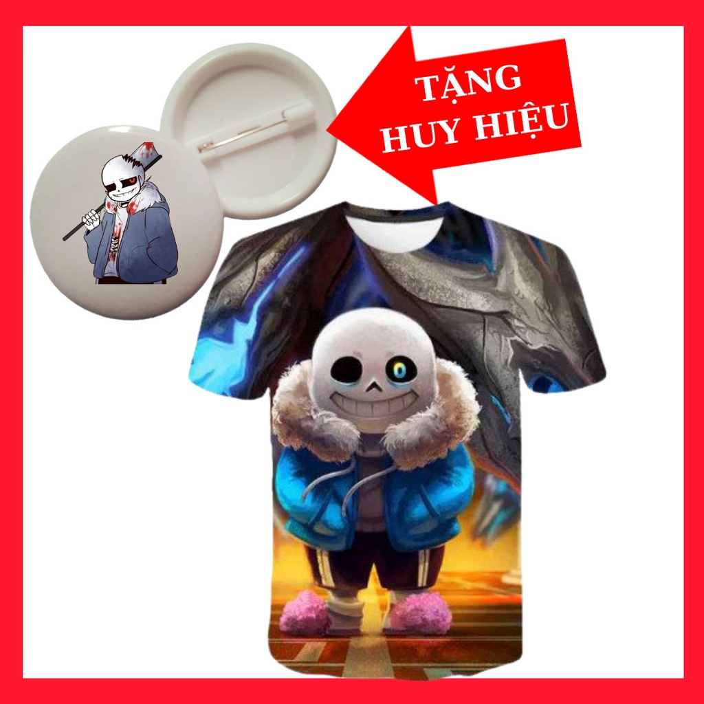 Tặng Huy Hiệu Sans-Áo thun cho bé trai Sans 3D in hình nguyên áo Vải Thun Lạnh Co giãn 4 chiều mền mịn xịn xò