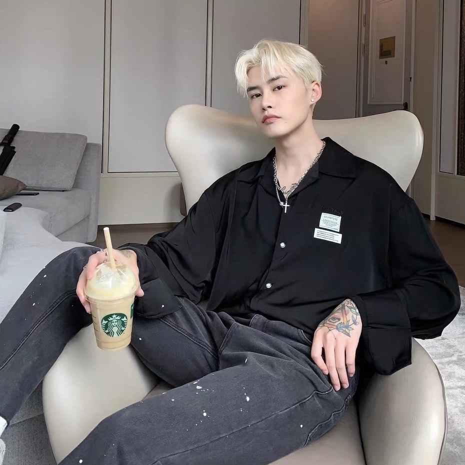 Áo Sơ Mi Nam Tay Dài Phong Cách Thời Trang Hàn Quốc Cổ áo gấp nếp Kết cấu lụa Unisex Thường xuyên trên cùng