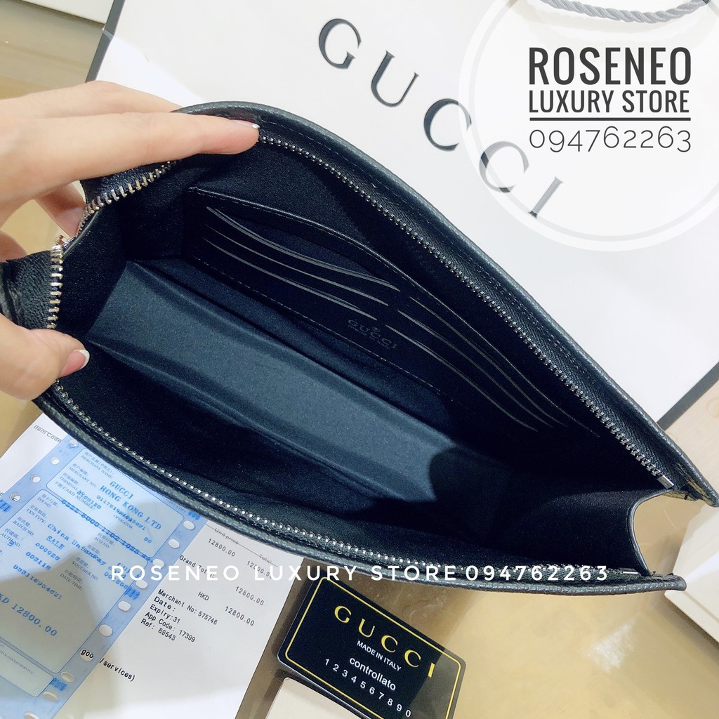 VÍ CLUTCH CẦM TAY GUCCI SUPER‼️fullbox, card, túi vải hãng vải kẻ sọc in chữ Gucci