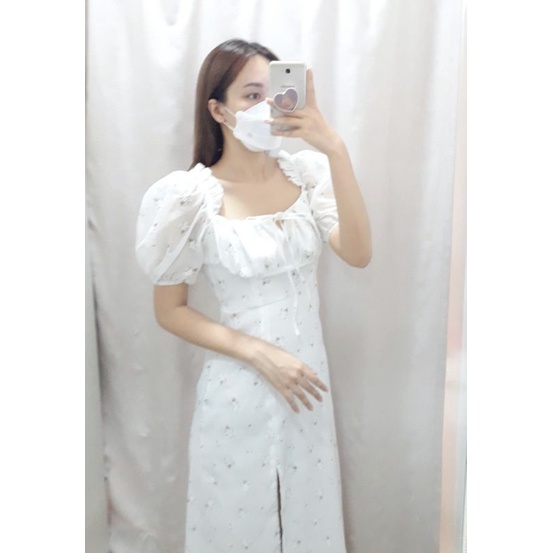 Đầm midi hoa trắng ngực xếp li DD188