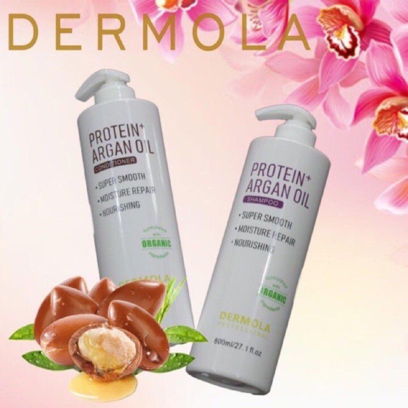 Cặp dầu gội xả Dermola Argan Oil – Protein 800ml x2 dưỡng ẩm, phục hồi, chống rụng tóc, hương nước hoa