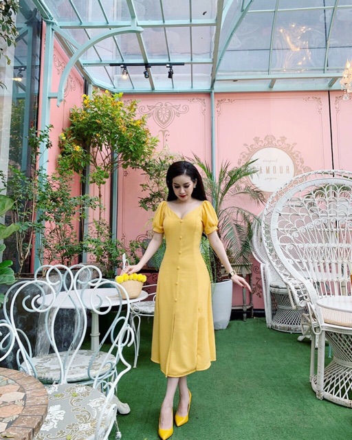 Đầm Cổ V 8 Mảnh Nút Bọc dáng xòe xt