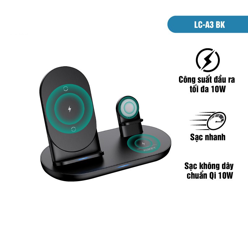Đế Sạc Không Dây 3 Trong 1 AUKEY LC-A3 Chuẩn Qi 10W, Hỗ Trợ Sạc 3 Thiết Bị Cùng Lúc, Tích Hợp Giá Đỡ Cho Apple Watch