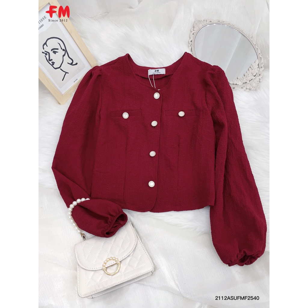 Áo Xốp Kiểu Tay Dài Phối Nút I Áo Kiểu Vuông Cổ Phối Nút Tiểu Thư Thương Hiệu FM STYLE 211225405