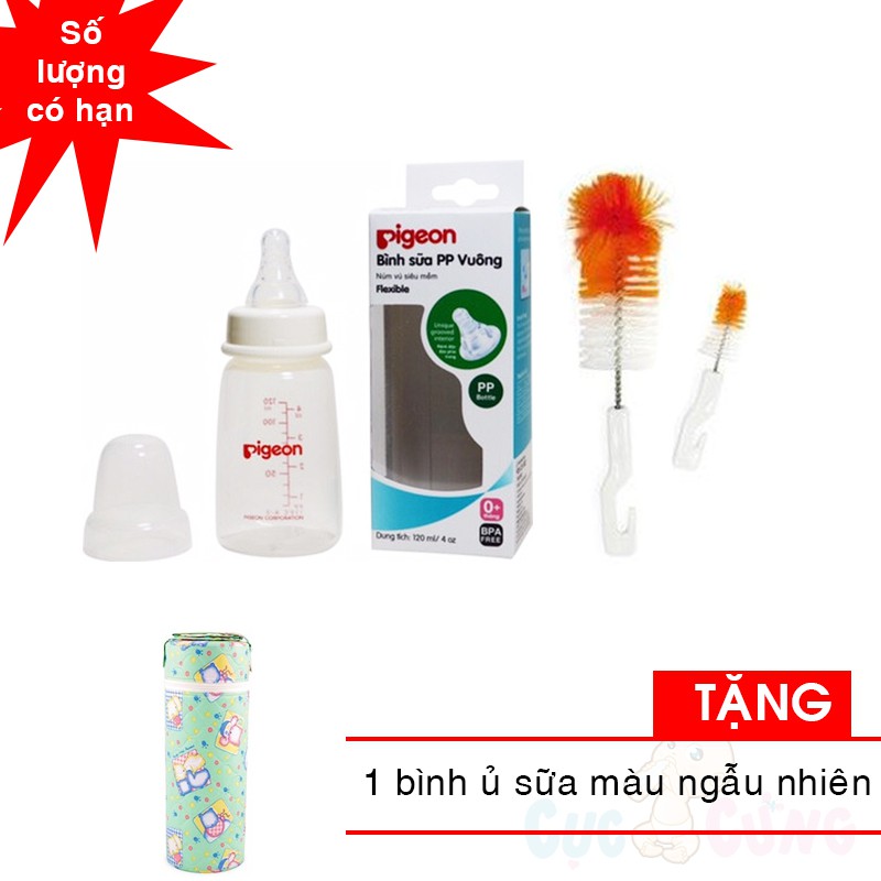 Bình sữa Pigeon nhựa PP cổ thường đáy vuông cao cấp 120ml + 1 cọ rửa bình sữa Tặng 1 ủ bình sữa đơn họa tiết ngẫu nhiên