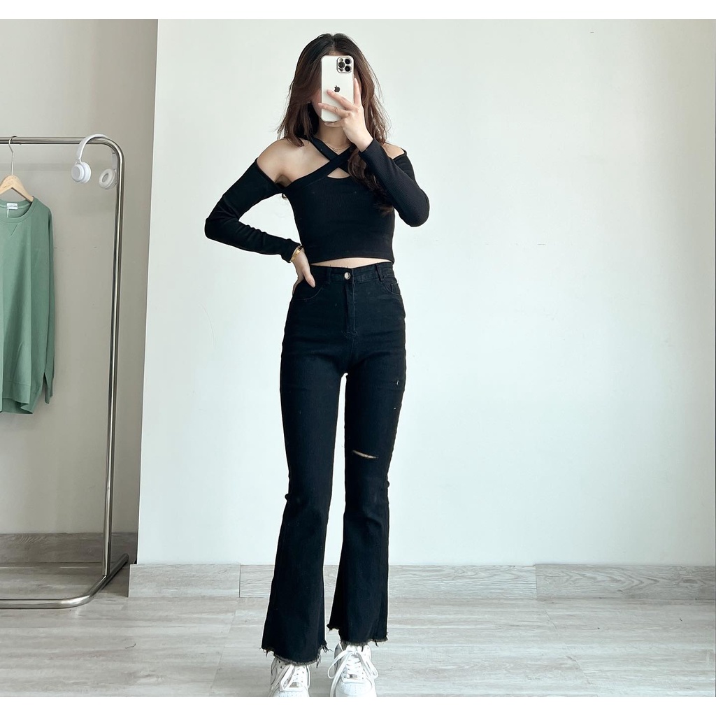 Áo croptop gân  trễ vai đen chéo thời trang Miho house