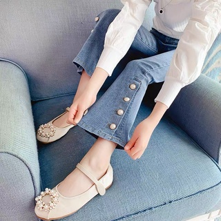Quần jean bé gái Quần bò bé gái size đại ống loe đính nơ ở ống