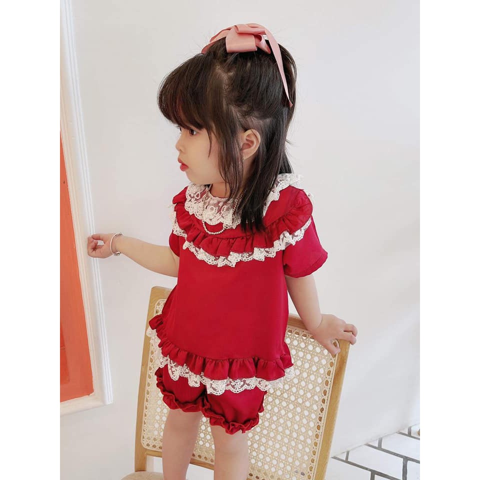 Bộ Đồ Ngủ Pijama Cho Bé Gái Set Quần Áo Trẻ Em Mặc Nhà Cộc Tay Từ Lụa Satin Phối Ren [BN21-2021] - Babi mama