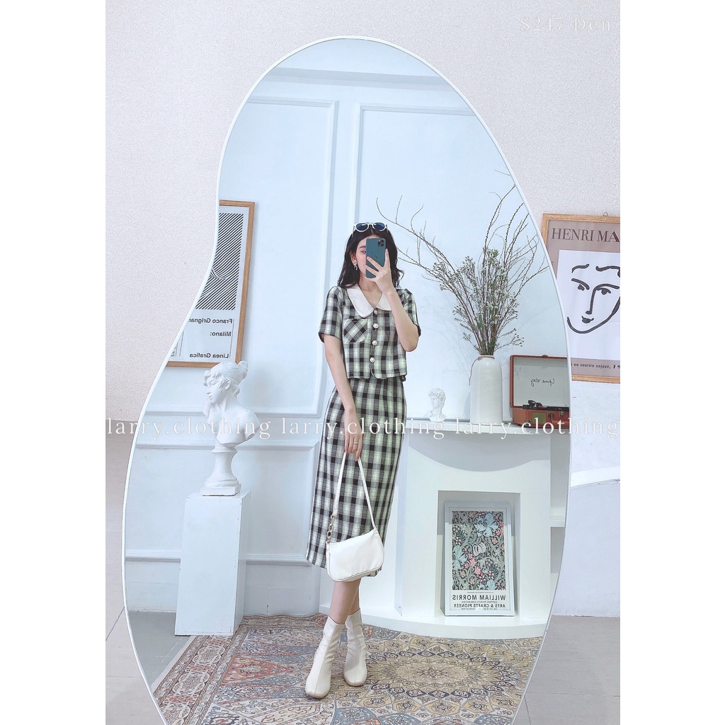 Set Áo Có Cổ Chân Váy Dài Kẻ Caro Phong Cách Hàn Quốc Đi Làm Cực Thanh Lịch S247 | BigBuy360 - bigbuy360.vn