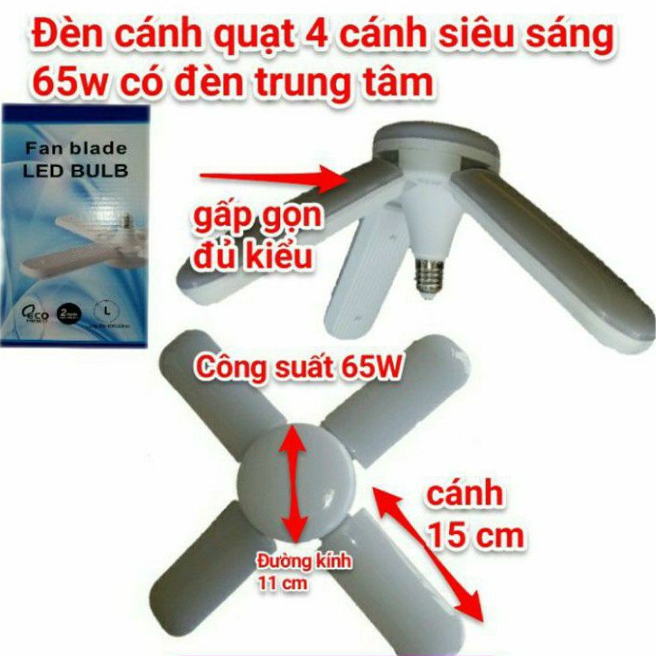 Bộ Đèn Led 4 Cánh Siêu Sáng, Siêu Bền, Tiết Kiệm Điện 65W, đèn cánh quạt có đèn trung tâm 65w siêu sáng