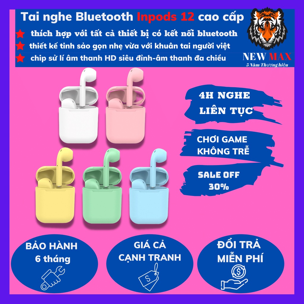 Tai Nghe Bluetooth Không Dây Inpods i12 TWS Cao Cấp nút cảm ứng âm thanh HIFI– Tháo Tai Dừng Nhạc – có mic đàm thoại