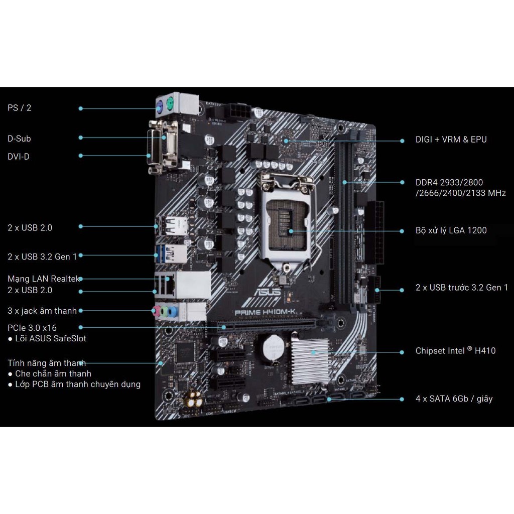 Mainboard ASUS PRIME H410M-K (Intel H410, Socket 1200, m-ATX, 2 khe Ram DDR4)