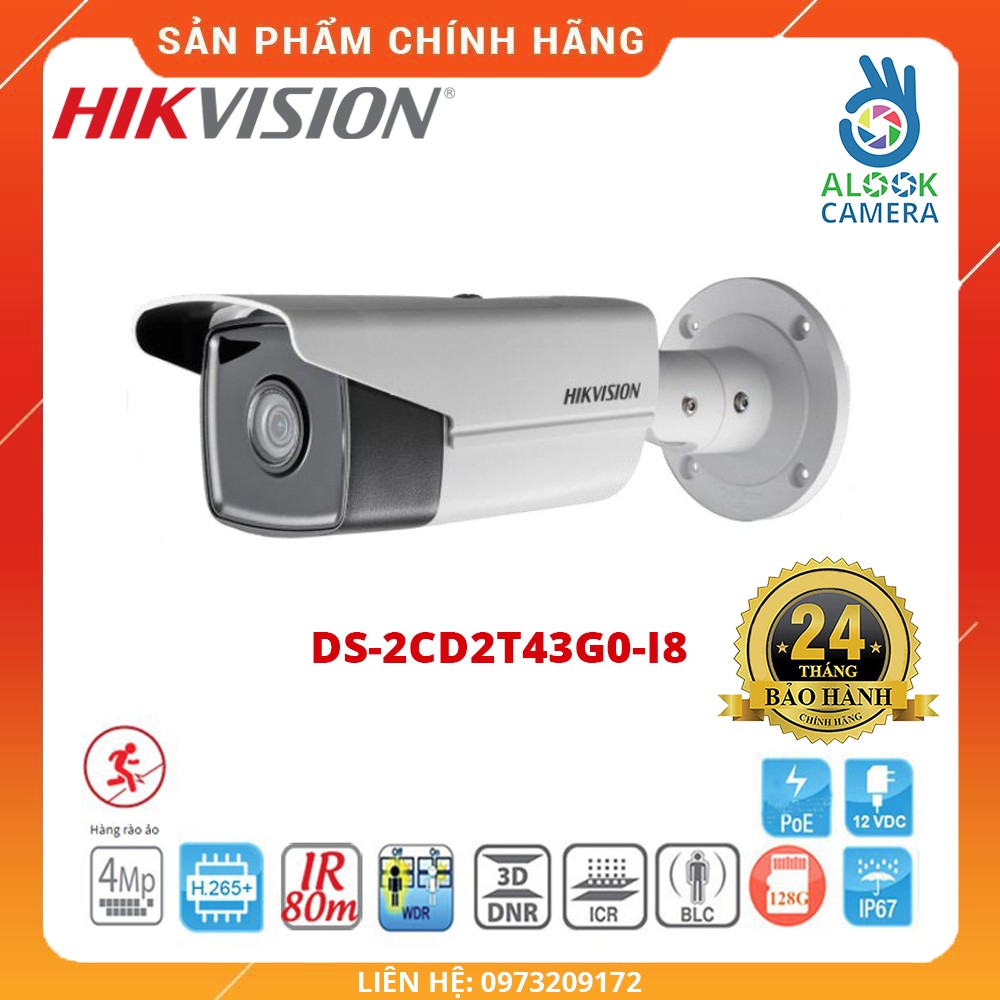 HÀNG CHÍNH HÃNG_Camera IP Trụ HIKVISION hồng ngoại 4MP DS-2CD2T43G0-I8 H.265+_3 luồng dữ liệuBH 24 THÁNG