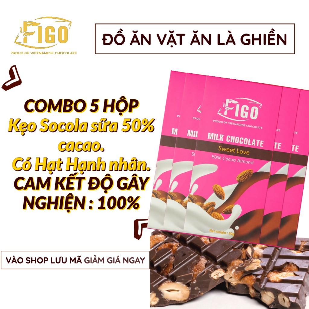 [ĐỒ ĂN VẶT ĂN NGON] Kẹo socola sữa hạnh nhân có Hạt 50g COMBO 5 HỘP FIGO