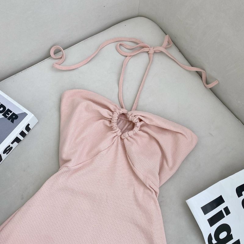 SET ĐẦM HỒNG KHOEN NGỰC KÈM KHOÁC CROP