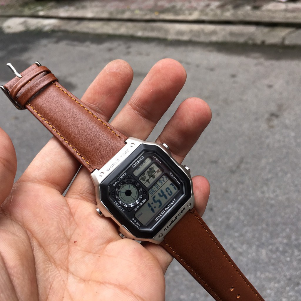 Dây đồng hồ Casio ae 1200 whd da bò màu vàng bò cao cấp (Tặng chốt thay và khóa cài)