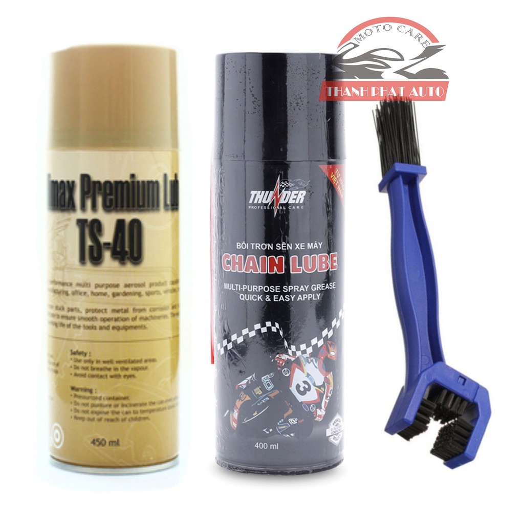 Bộ sản phẩm vệ sinh sên TS-40 450ml, Chai xịt bôi trơn Thunder Chain Lube 400ml và bàn chải vệ sinh sên 3D