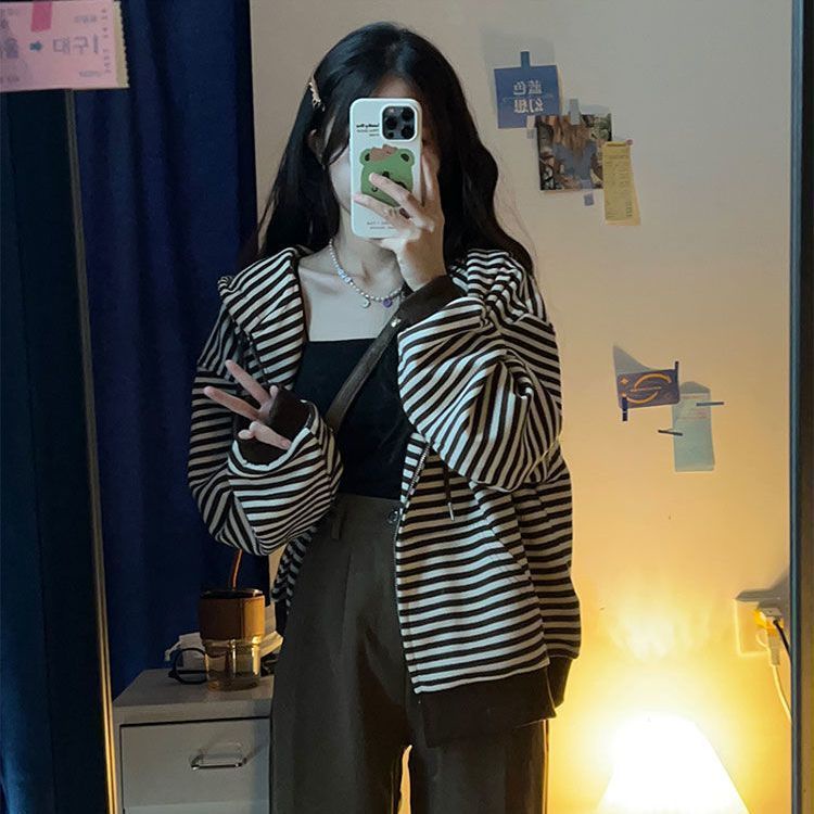 COZOK Áo Khoác Cardigan Tay Dài Họa Tiết Kẻ Sọc Thời Trang