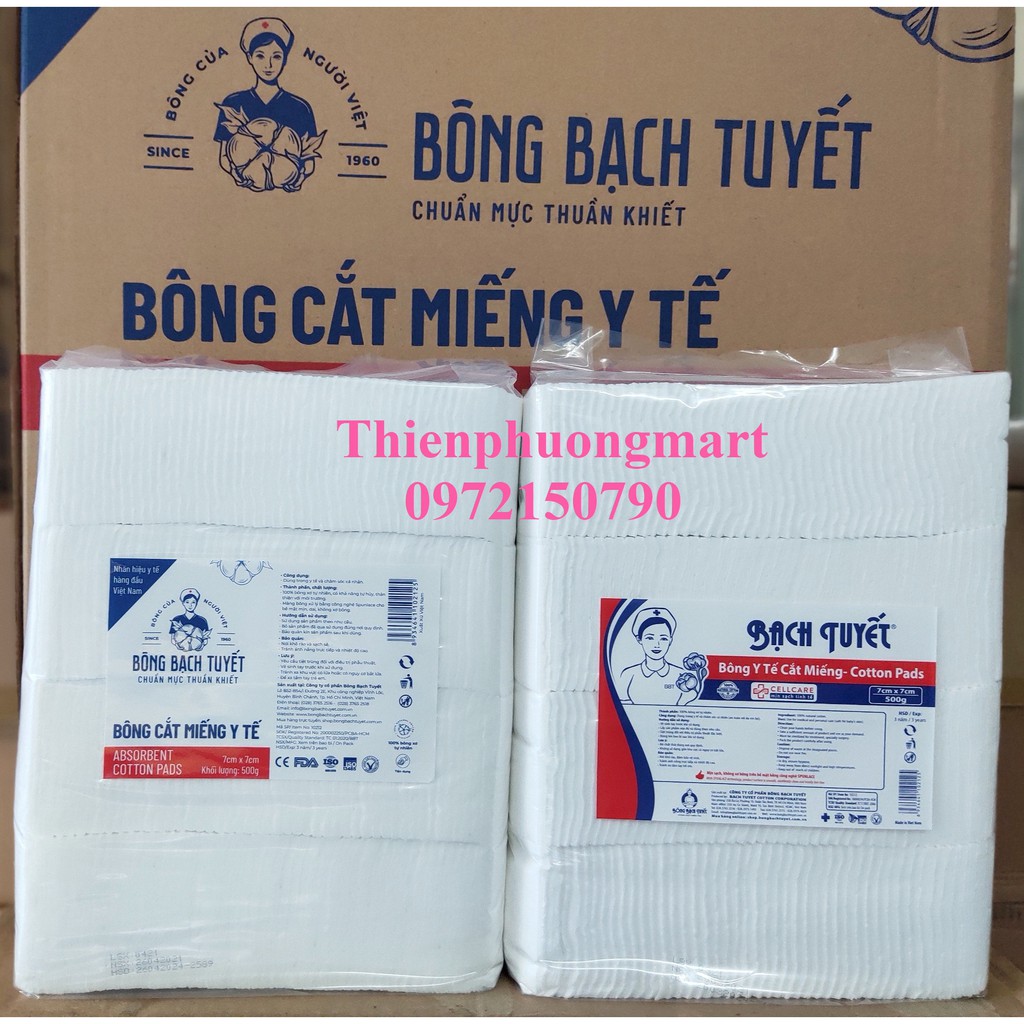 Bông Gòn Y Tế Cắt Miếng 7x7cm gói 500gr - Chính hãng Bông Bạch Tuyết