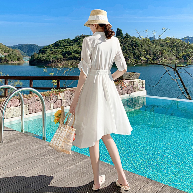 IELGY Đầm Dáng Chữ A Tay Ngắn Cổ Chữ V Màu Trơn Eo Cao Phong Cách Phương Tây Thời Trang Cho Nữ