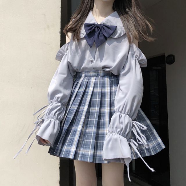 Seifuku  - Set đồ xinh xinh áo hở vai phối nơ, áo cổ thủy thủ thủ, váy kẻ caro