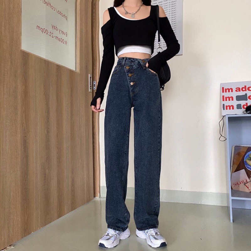 Q09 Jeans ống rộng nút xéo