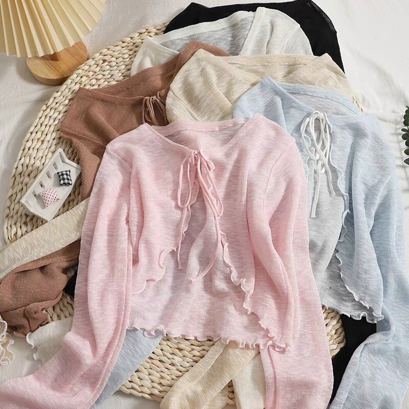 Set áo khoác cadigan mỏng buộc dây mix áo 2 dây len